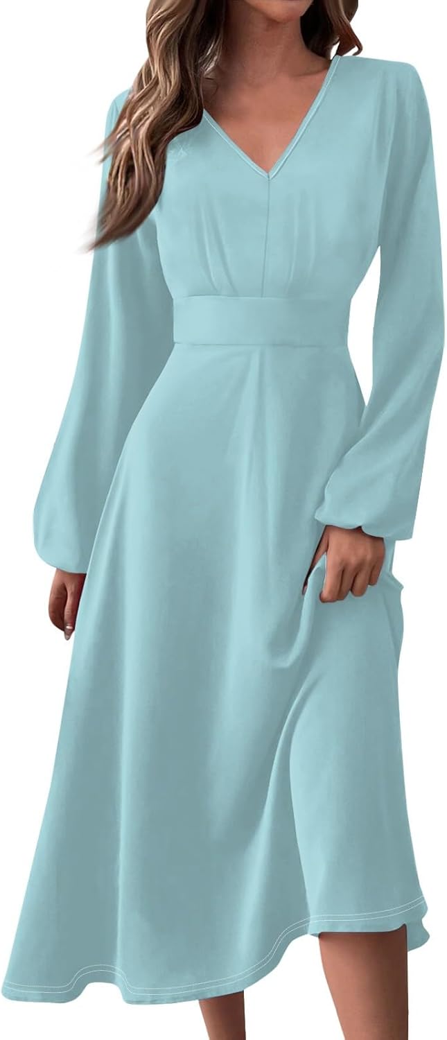 Women's Summer Elegant Cocktail Dress Solid Color Swing V-Neck Party Gown Dresses, S-2XL
