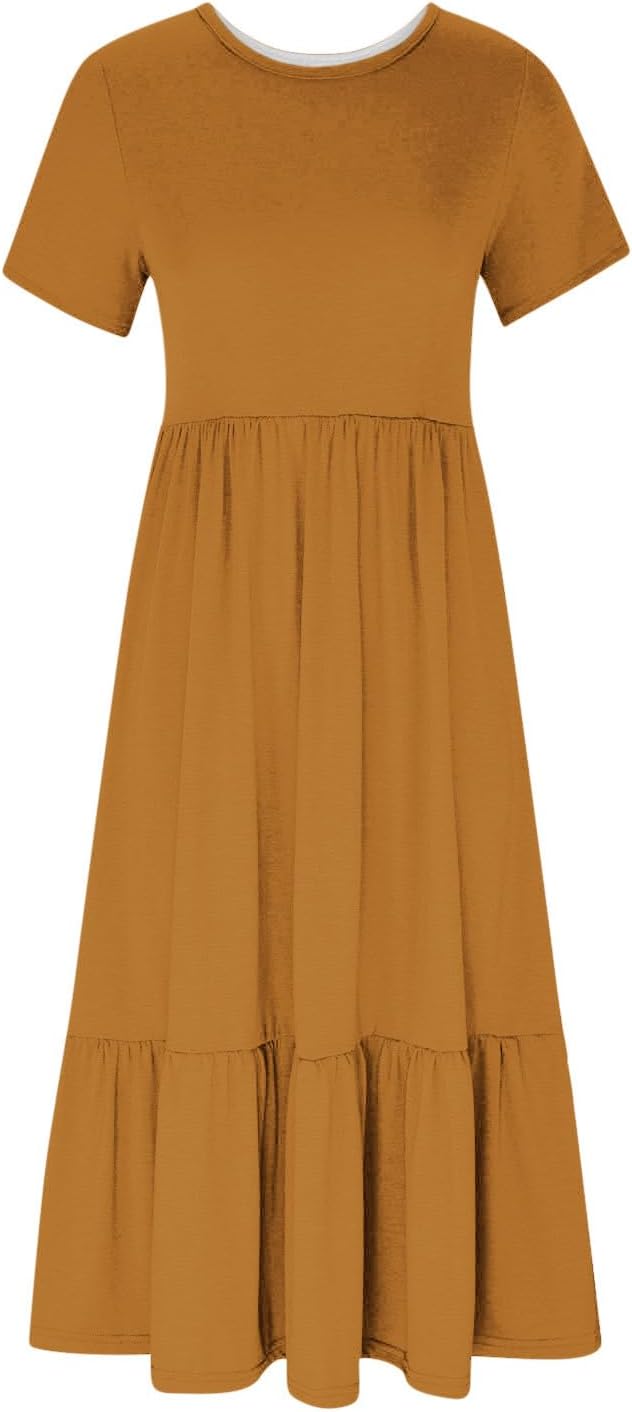 XUNRYAN Summer Dresses for Women 2024 Casual Calf Length Maxi Dress Pleated Flowy Tiered Swing Beach Sundress with Pockets