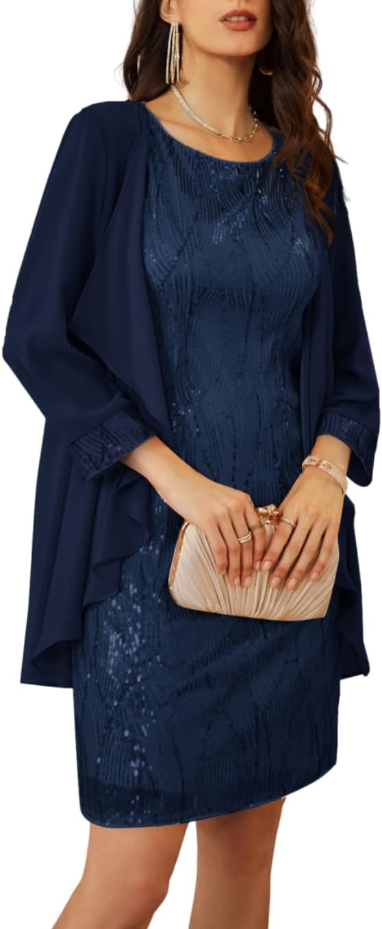 GRACE KARIN Sequin Dress for Women Knee Length Mother of the Bride Dresses Formal Dress Two Piece Dress with Chiffon Jacket