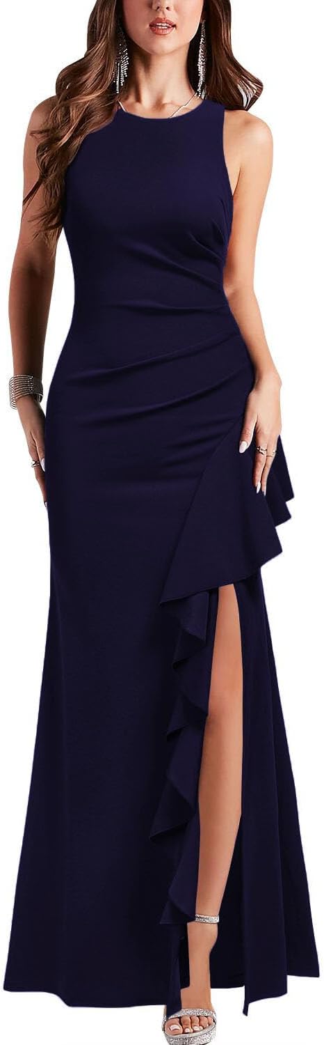 WOOSEA Women's Scoop Neck Sleeveless Split Bodycon Mermaid Evening Cocktail Long Dress