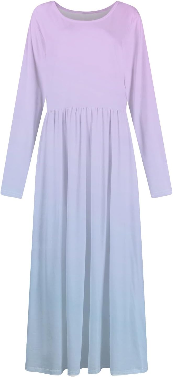 Long Sleeve Maxi Dress for Women Elegant Crew Neck Flowy Swing Dresses Solid Color Wedding Guest Dresses