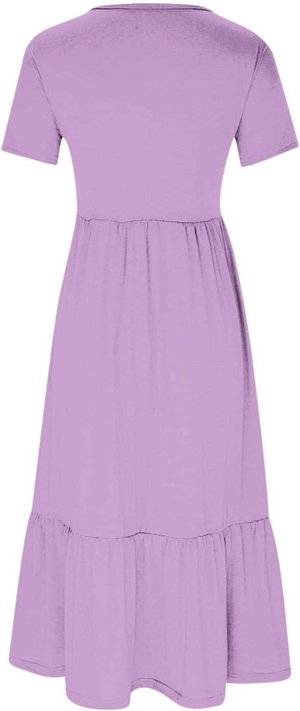 XUNRYAN Summer Dresses for Women 2024 Casual Calf Length Maxi Dress Pleated Flowy Tiered Swing Beach Sundress with Pockets