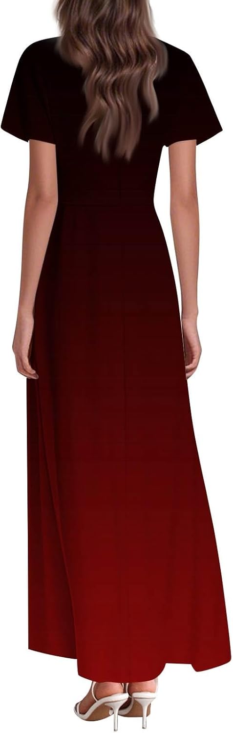 Womens Fashion V Neck Ruffle Short Sleeve Maxi Dress 2025 Summer Elegant Solid Color Flowy A Line Dresses