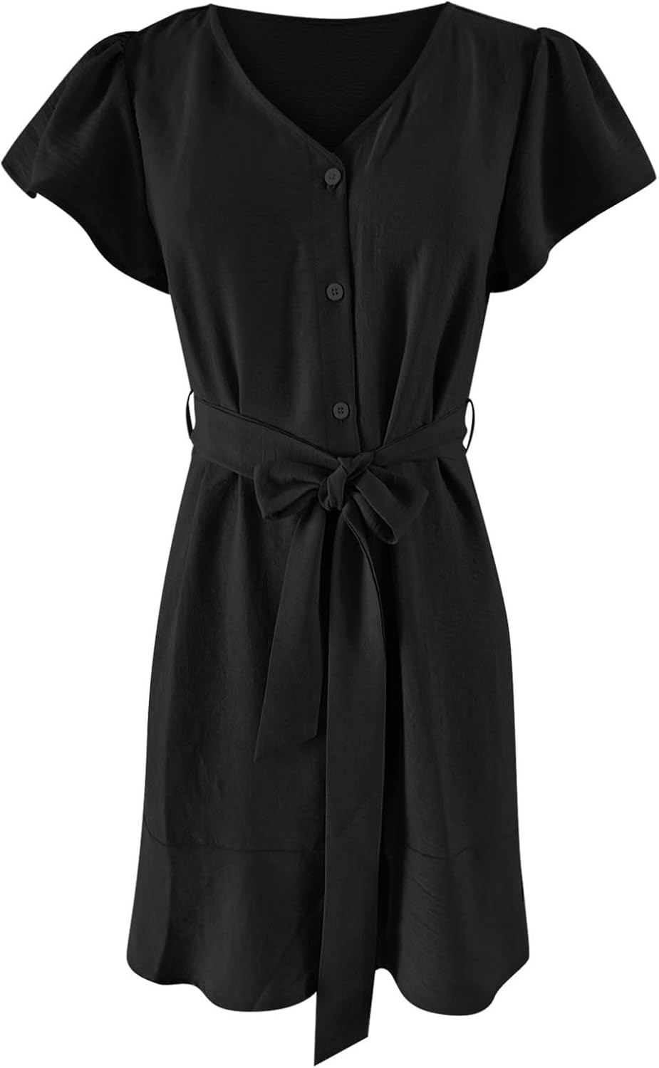 Flowy Dresses for Women,V Neck Button Down Dress Short Sleeve Mini Sundresses Loose Chiffon Shirt Dresses with Belt