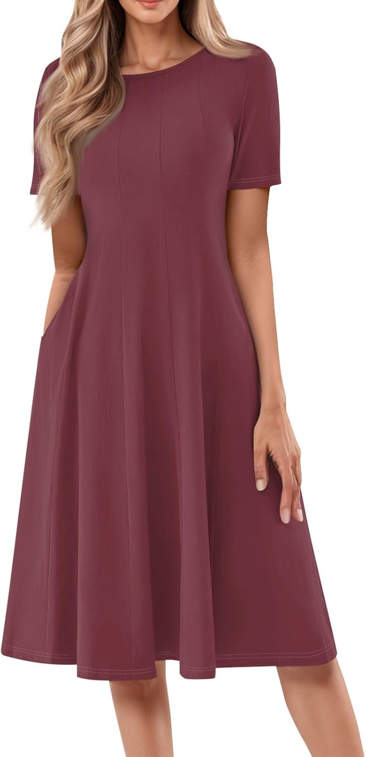 Summer Dresses for Women 2025 Crew Neck Short Sleeve Boho Beach Vacation Floral/Solid Midi Sundresses with Pockets