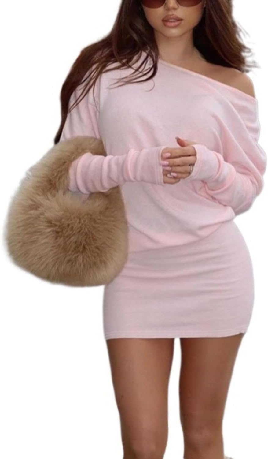 Loose Fit Sheer Dress Batwing Off The Shoulder Long Sleeve Mini Ruched Oversized Casual Streetwear Sexy Dress