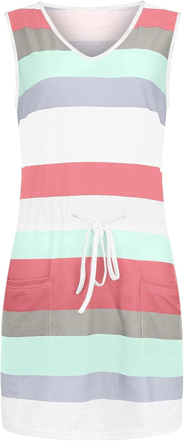 Women Summer Casual Striped Dress Drawstring Waist Tie Knot Mini Dresses Short Sleeve V Neck Tank Dress with Pocket