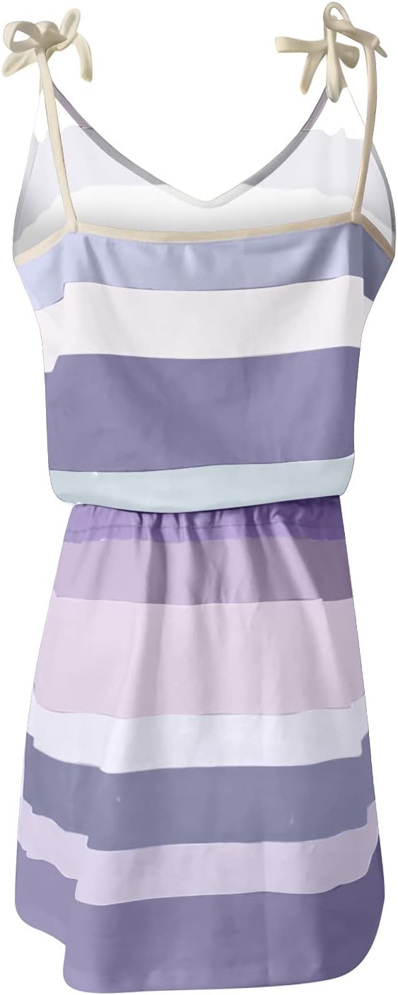 Women Summer Casual Striped Dress Drawstring Waist Tie Knot Mini Dresses Short Sleeve V Neck Tank Dress with Pocket