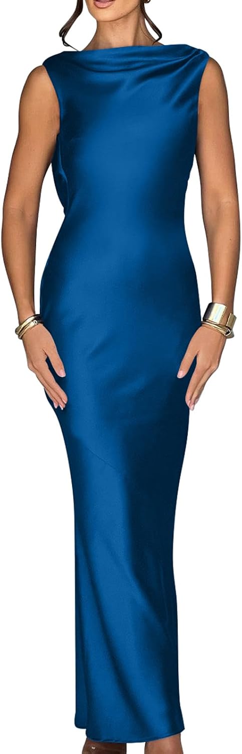 Memoriesea Women's Satin Elegant Sleeveless High Neck Tie Cocktail Party Maxi Dress