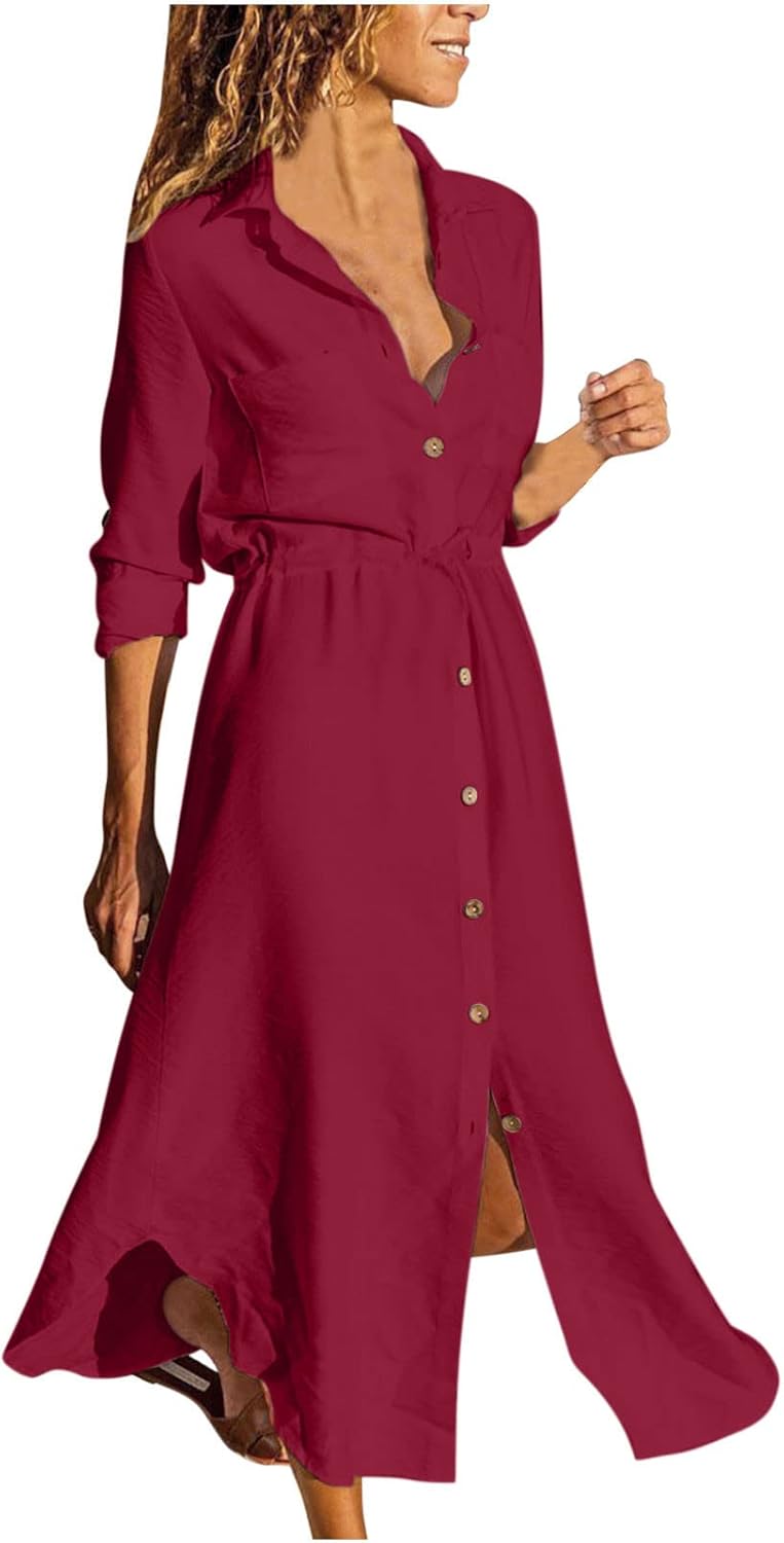 Women's Maxi Shirt Dresses Solid Cotton Linen Button Lapel Long Sleeves Summer Irregular Hem Daily Casual Sundress