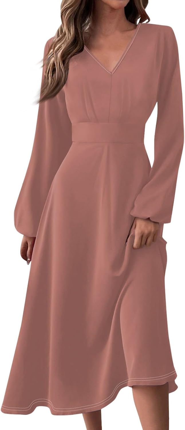 Women's Summer Elegant Cocktail Dress Solid Color Swing V-Neck Party Gown Dresses, S-2XL