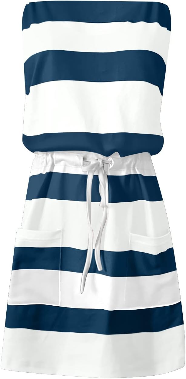 Women Summer Casual Striped Dress Drawstring Waist Tie Knot Mini Dresses Short Sleeve V Neck Tank Dress with Pocket