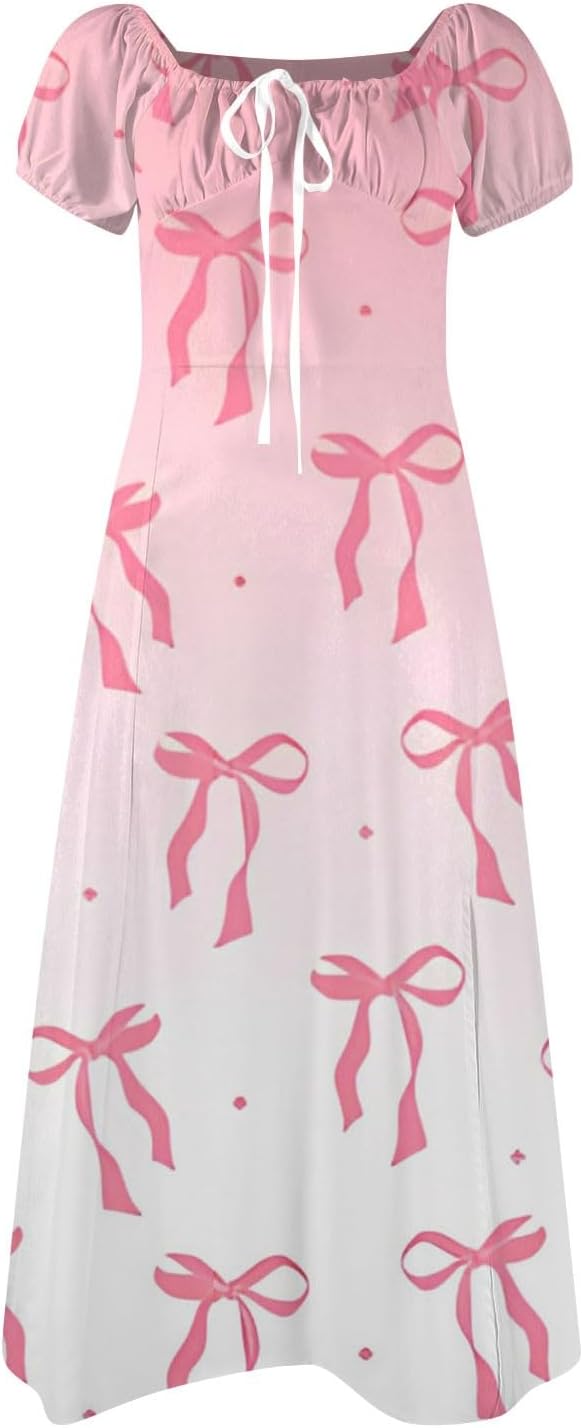 Women's Sundresses 2025 Summer Casual Loose Trendy Bubble Sleeve Square Neck Split Bow Floral Print Dress Plus Size, XS-3XL