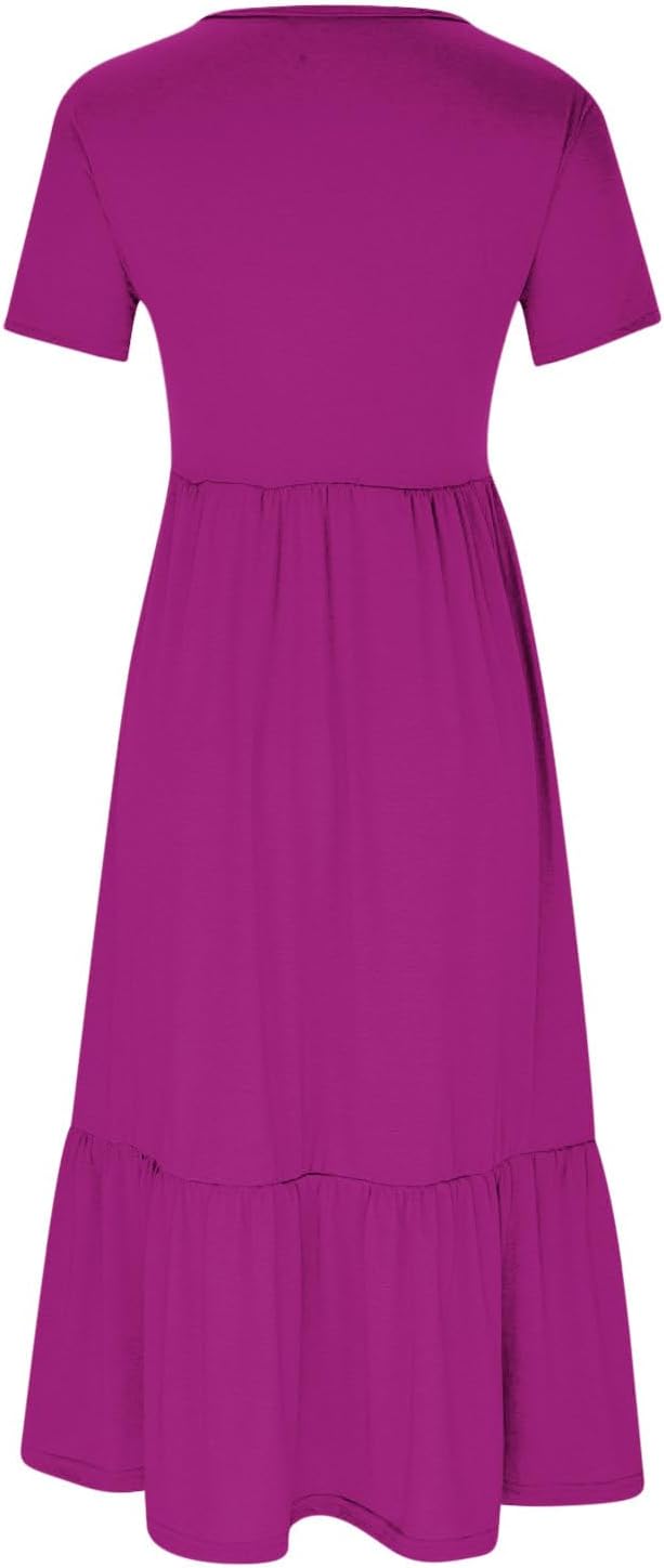 XUNRYAN Summer Dresses for Women 2024 Casual Calf Length Maxi Dress Pleated Flowy Tiered Swing Beach Sundress with Pockets