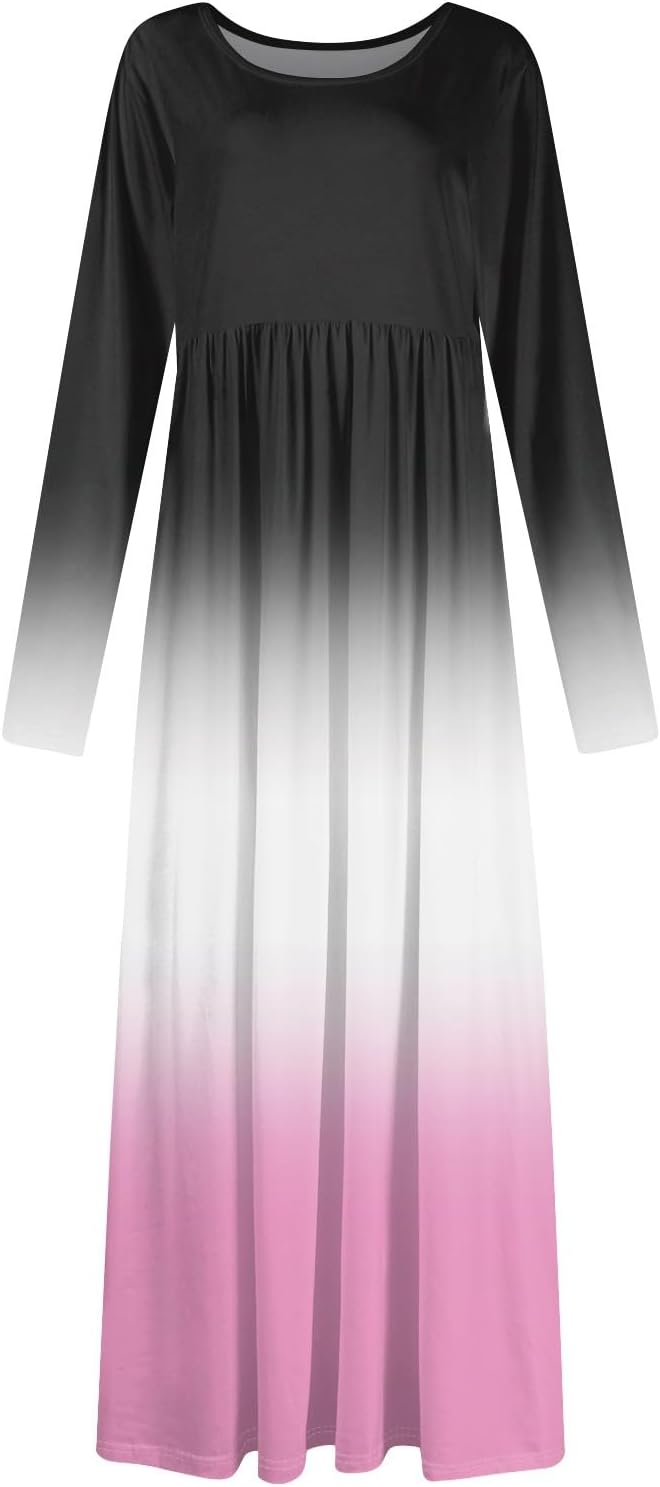Long Sleeve Maxi Dress for Women Elegant Crew Neck Flowy Swing Dresses Solid Color Wedding Guest Dresses