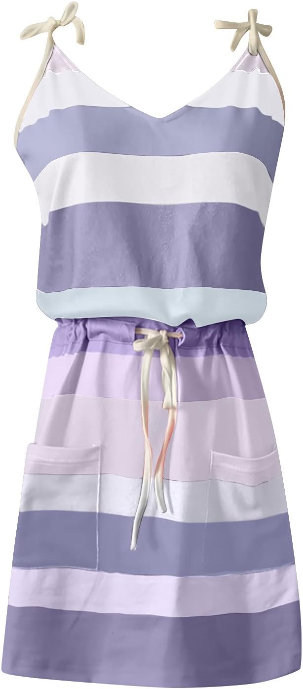 Women Summer Casual Striped Dress Drawstring Waist Tie Knot Mini Dresses Short Sleeve V Neck Tank Dress with Pocket