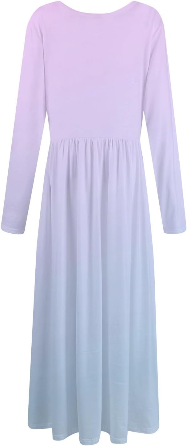 Long Sleeve Maxi Dress for Women Elegant Crew Neck Flowy Swing Dresses Solid Color Wedding Guest Dresses