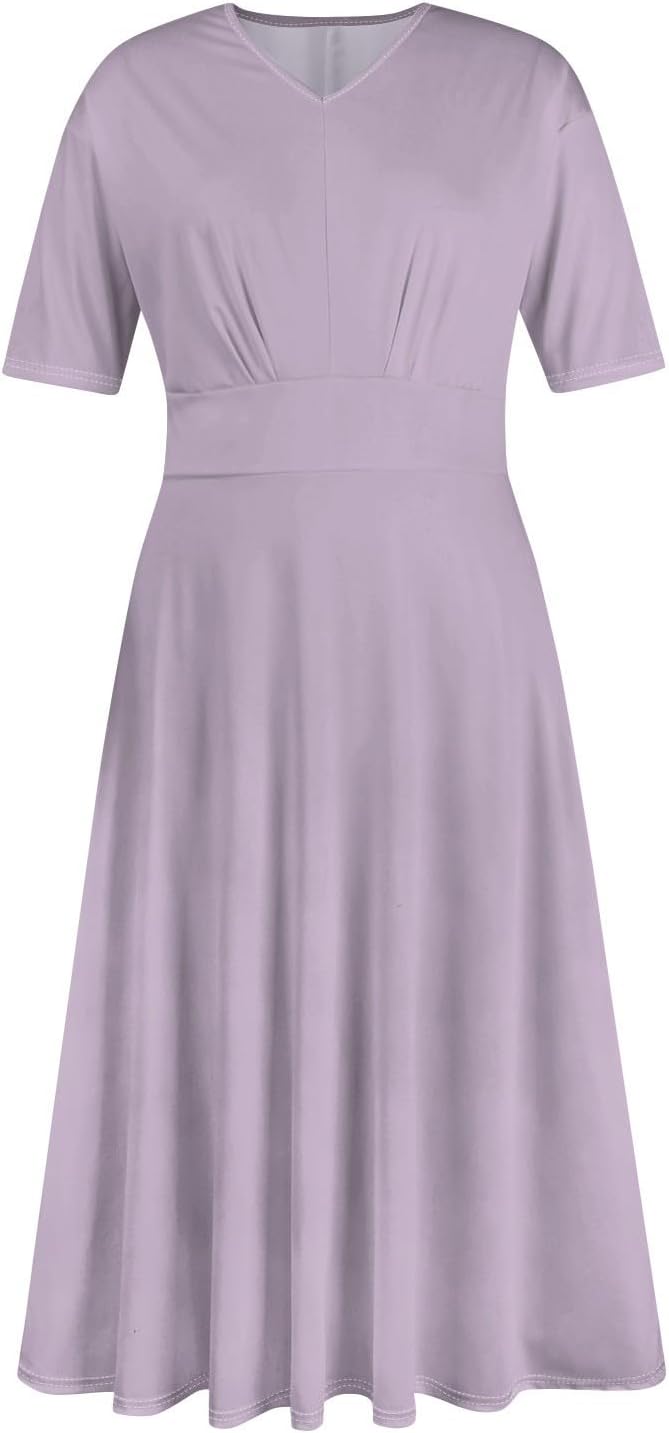 Women's Summer Elegant Cocktail Dress Solid Color Swing V-Neck Party Gown Dresses, S-2XL