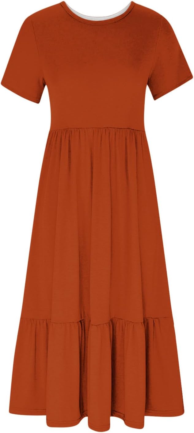 XUNRYAN Summer Dresses for Women 2024 Casual Calf Length Maxi Dress Pleated Flowy Tiered Swing Beach Sundress with Pockets