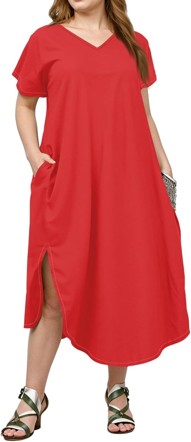 Maxi Dresses for Women 2025 Plus Size Tie Dye V Neck Dress Short Sleeve Side Split Beach Summer Sundress with Pocket