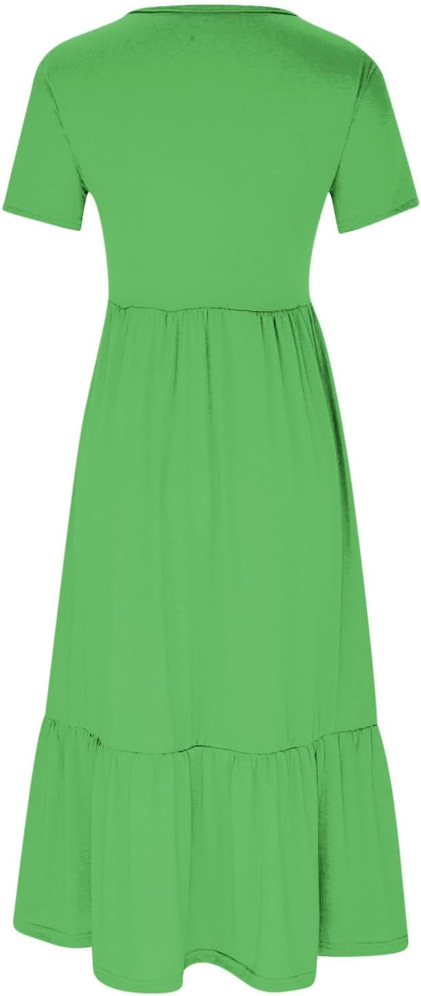 XUNRYAN Summer Dresses for Women 2024 Casual Calf Length Maxi Dress Pleated Flowy Tiered Swing Beach Sundress with Pockets