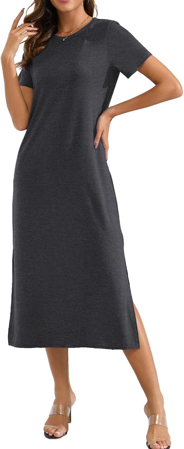 Naggoo Women's Short Sleeve Split Maxi Dress Casual Plain Tie Dye Print Tshirt Long Dresses with Pockets