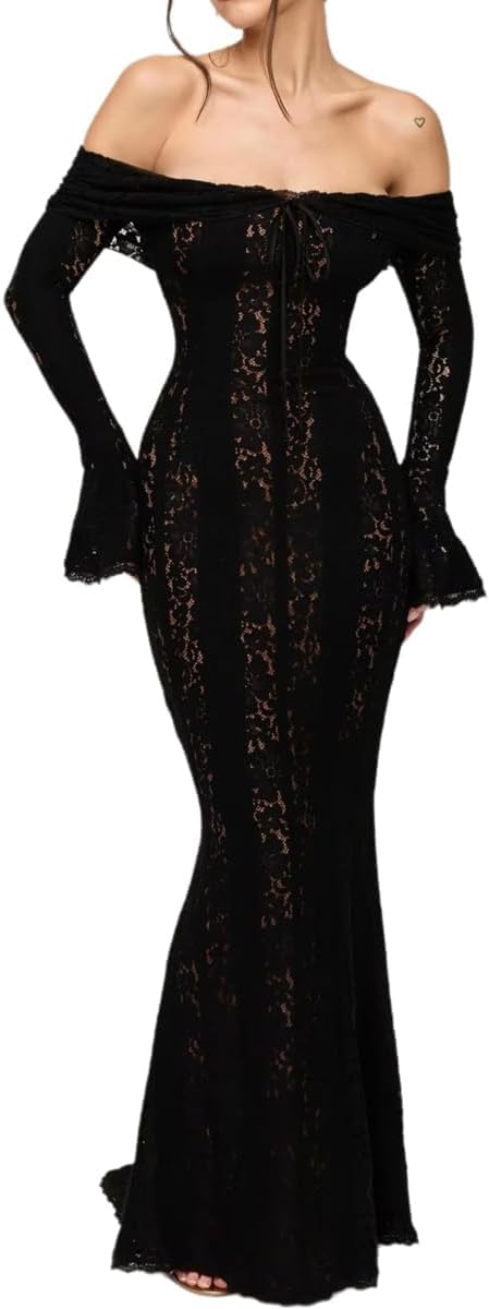 Autumn Elegant Off Shoulder Lace Maxi Dress White Women Long Sleeve Evening Party Dresses for Date Nights