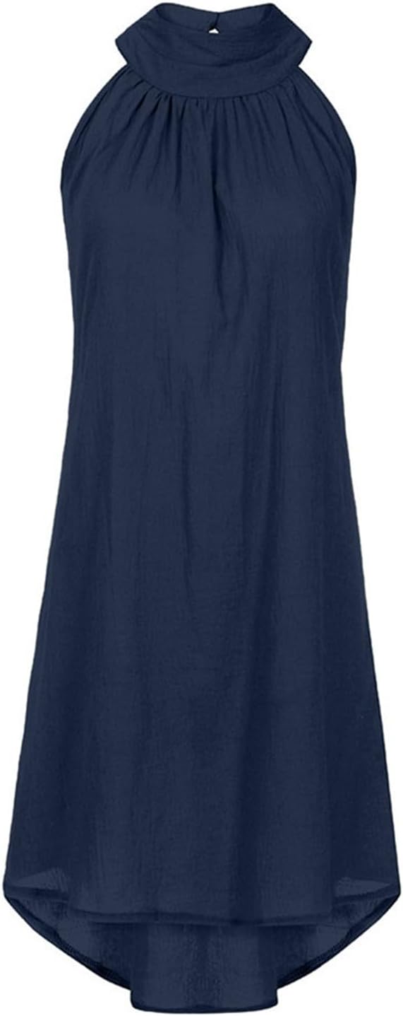 Sun Dresses for Women 2025 Vacation Halter Neck Solid Summer Casual Sundress Elegant Pleated High Low Mini Dresses