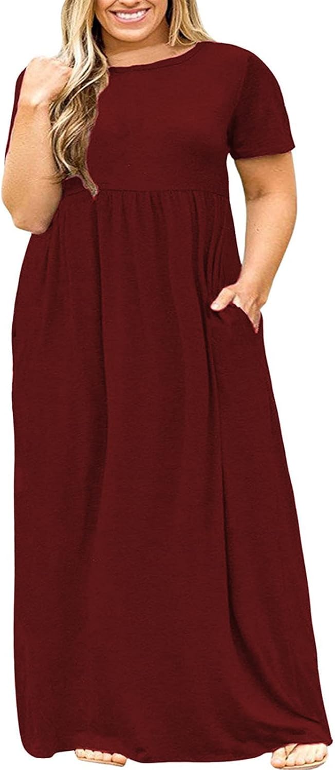 Kancystore Women's Short Sleeve Plus Size Maxi Dress with Pockets Loose Casual Summer Dresses