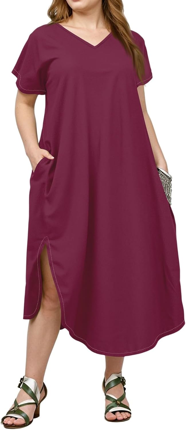 Maxi Dresses for Women 2025 Plus Size Tie Dye V Neck Dress Short Sleeve Side Split Beach Summer Sundress with Pocket