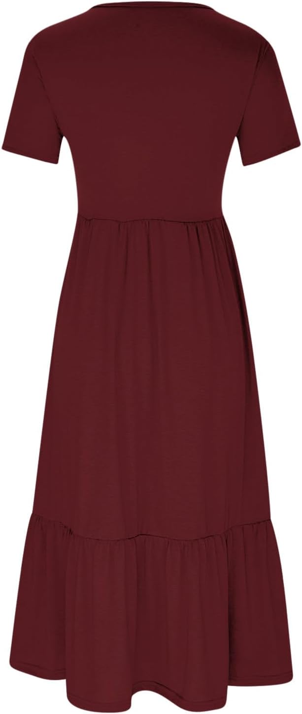 XUNRYAN Summer Dresses for Women 2024 Casual Calf Length Maxi Dress Pleated Flowy Tiered Swing Beach Sundress with Pockets