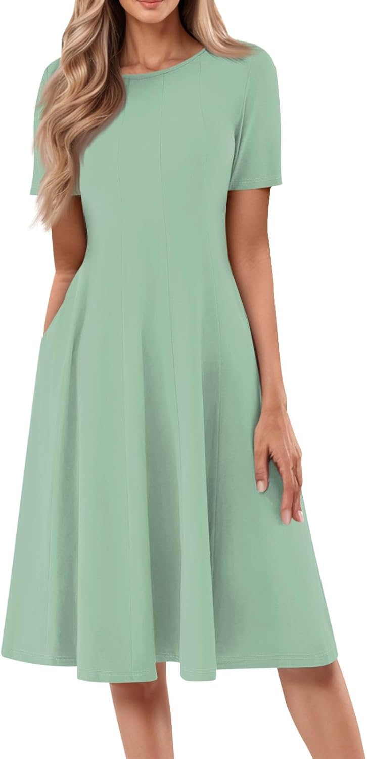 Summer Dresses for Women 2025 Crew Neck Short Sleeve Boho Beach Vacation Floral/Solid Midi Sundresses with Pockets