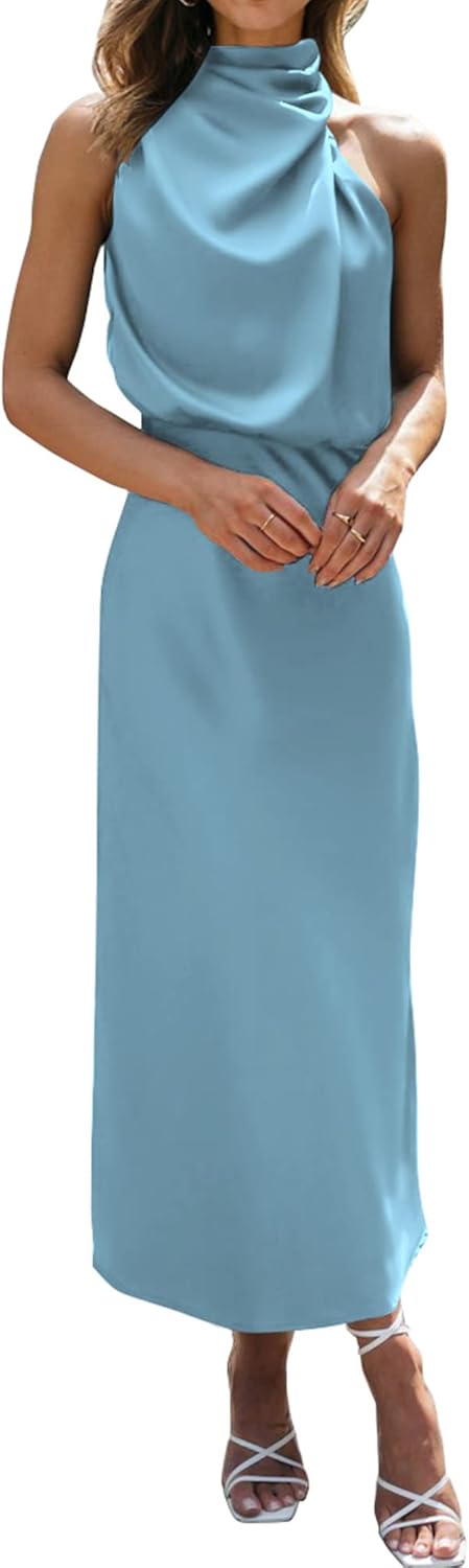BTFBM Womens Sleeveless Cocktail Dresses Mock Neck Keyhole Elastic High Waist Evening Party Maxi Wedding Guest Dress