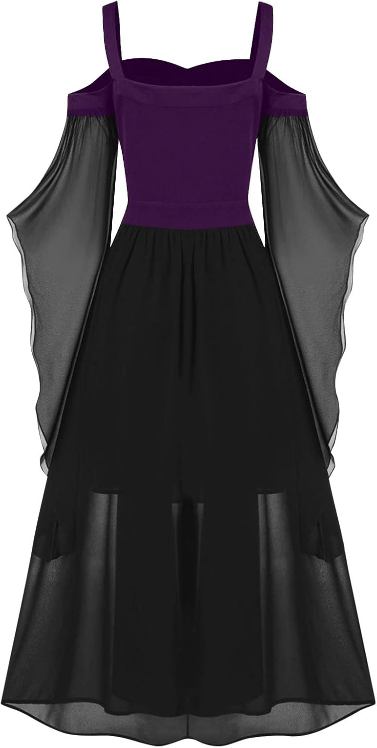 Women Casual Cold Shoulder Dress Solid Color Lace Butterfly Sleeve Halloween Retro Cocktail Party Gothic Prom Dress