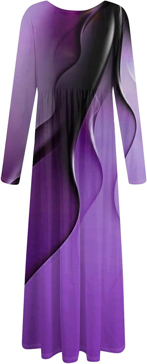 Long Sleeve Maxi Dress for Women Elegant Crew Neck Flowy Swing Dresses Solid Color Wedding Guest Dresses