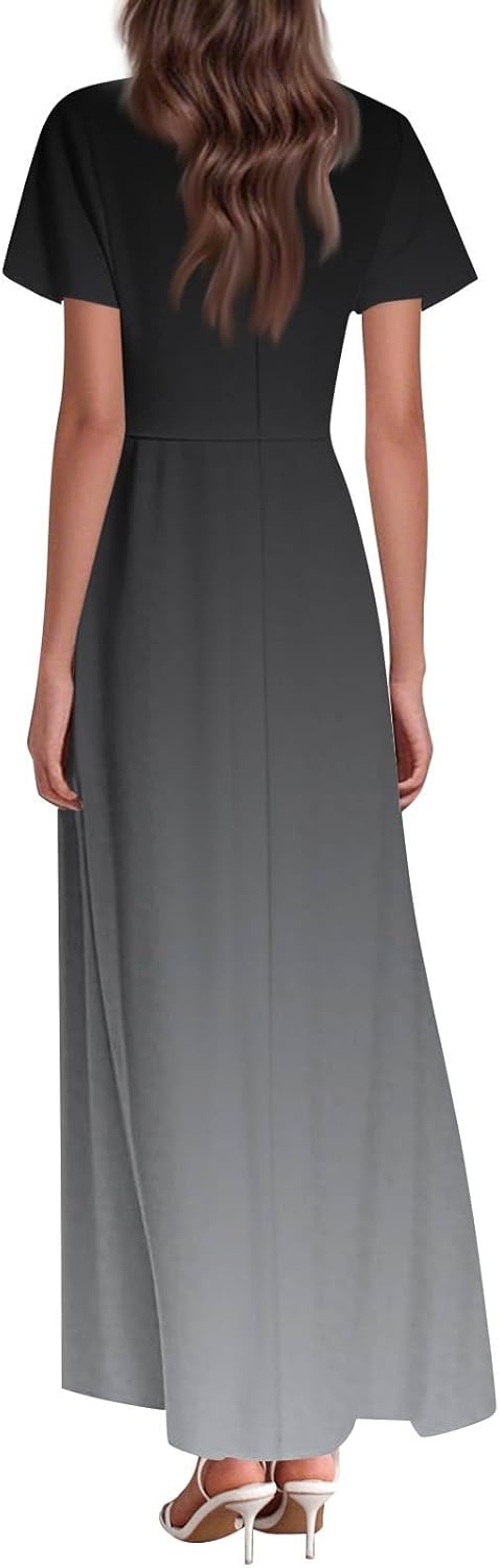 Womens Fashion V Neck Ruffle Short Sleeve Maxi Dress 2025 Summer Elegant Solid Color Flowy A Line Dresses