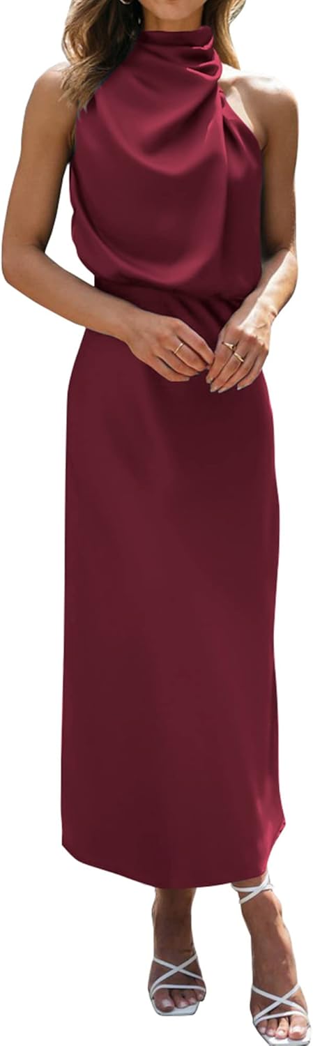 BTFBM Womens Sleeveless Cocktail Dresses Mock Neck Keyhole Elastic High Waist Evening Party Maxi Wedding Guest Dress