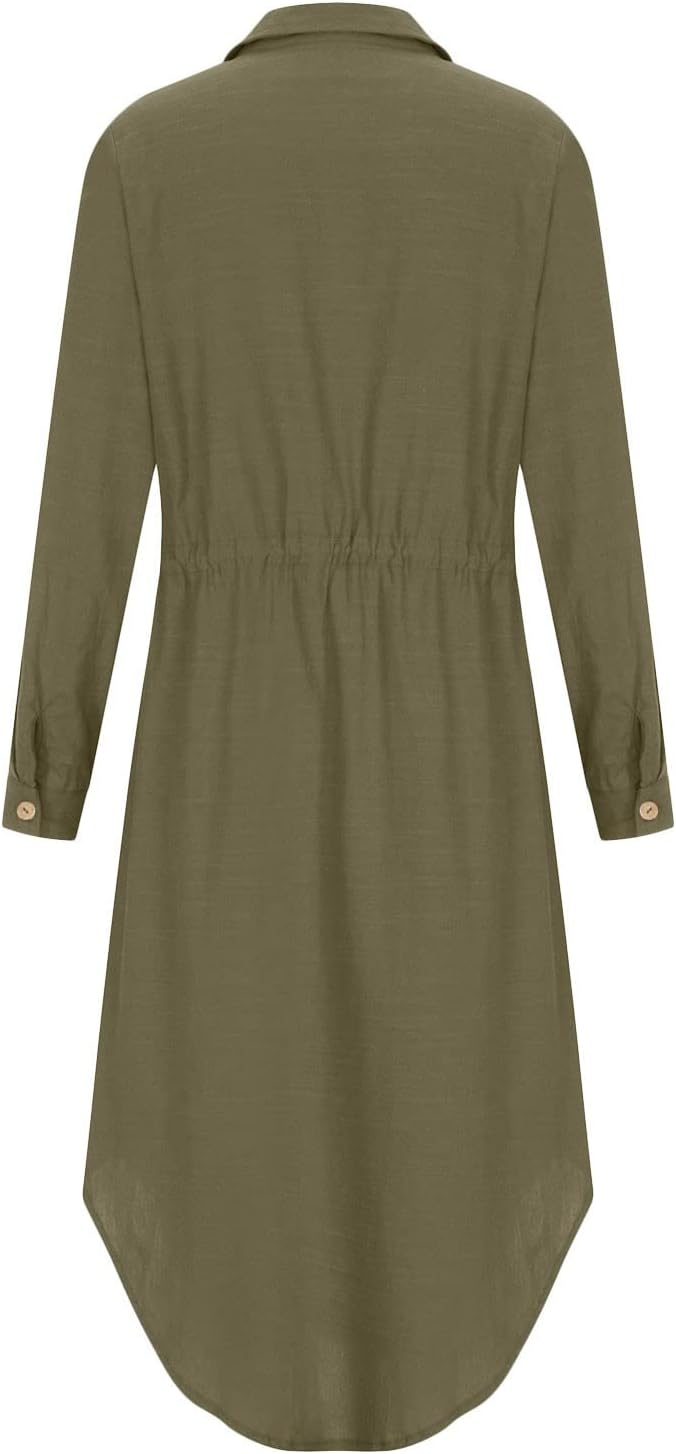 Women's Maxi Shirt Dresses Solid Cotton Linen Button Lapel Long Sleeves Summer Irregular Hem Daily Casual Sundress