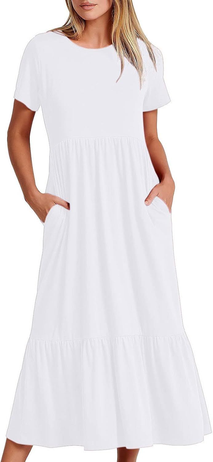 XUNRYAN Summer Dresses for Women 2024 Casual Calf Length Maxi Dress Pleated Flowy Tiered Swing Beach Sundress with Pockets