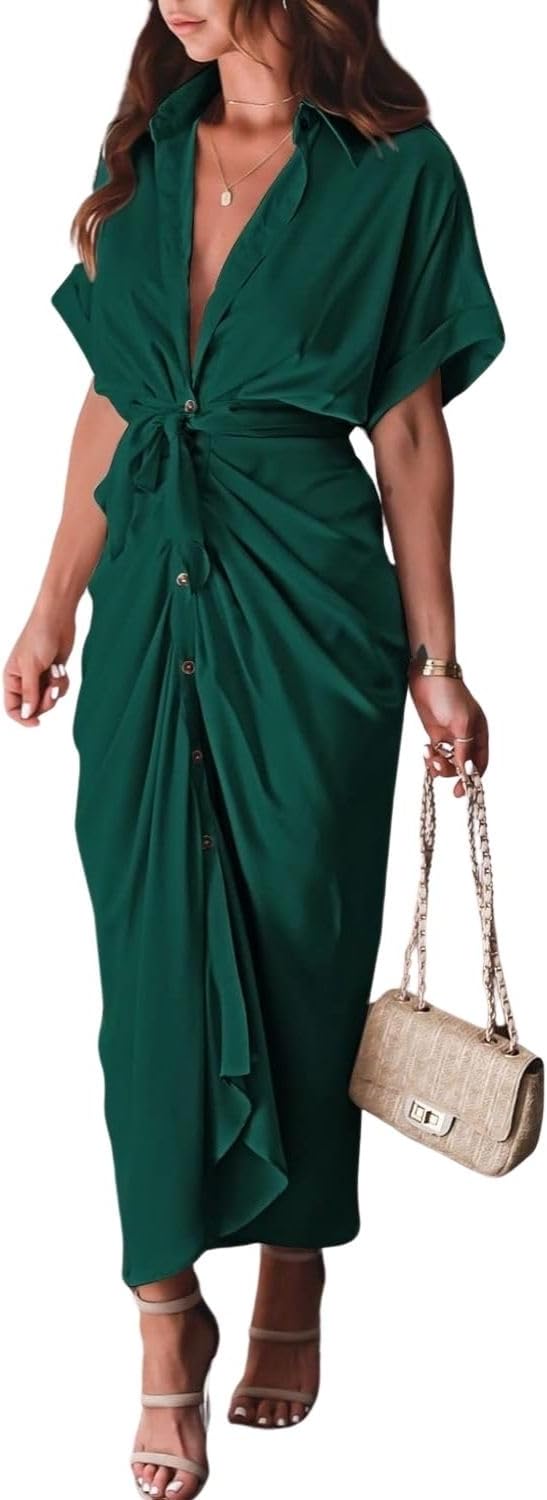 Women's Swing Classic Cute Maxi Ruched Breathable Shirt Dresses Bownot Slim Fitted Dress