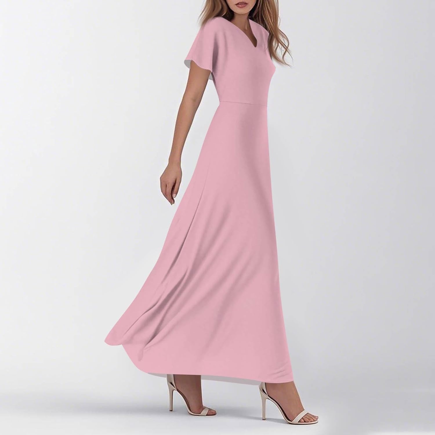 Womens Fashion V Neck Ruffle Short Sleeve Maxi Dress 2025 Summer Elegant Solid Color Flowy A Line Dresses