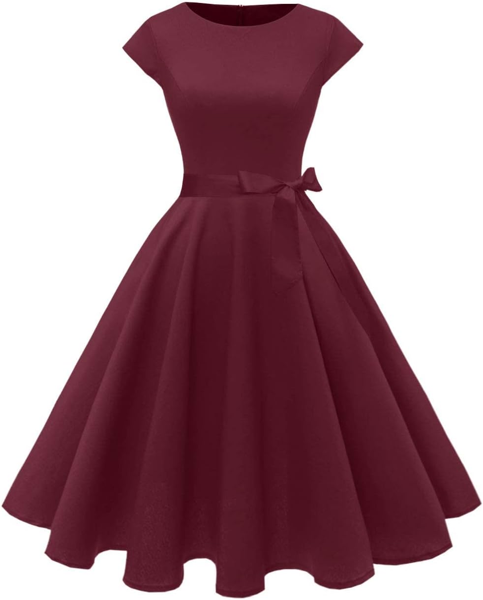 PUKAVT Women's 1950 Boatneck Cap Sleeve Vintage Swing Cocktail Party Dress with Pockets