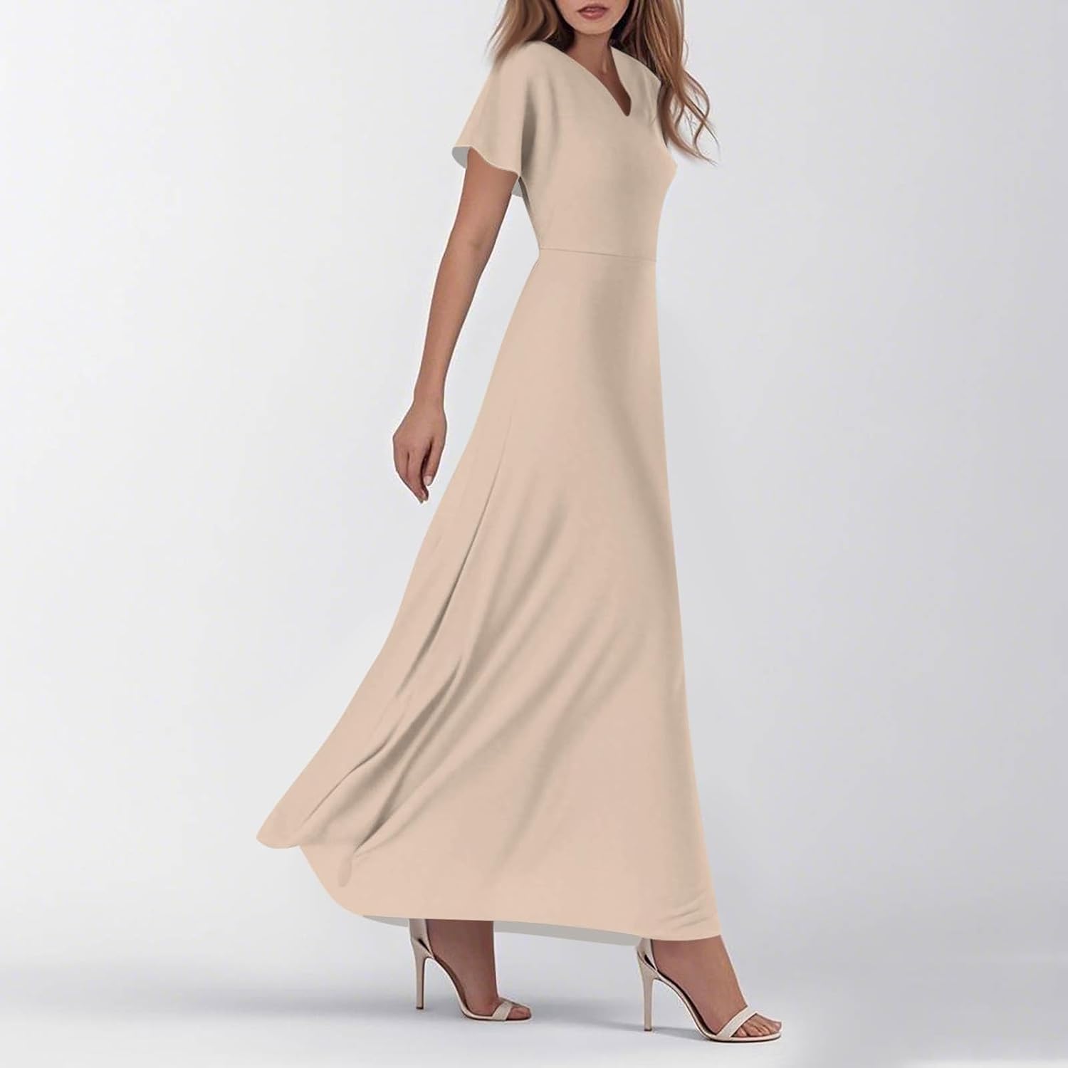 Womens Fashion V Neck Ruffle Short Sleeve Maxi Dress 2025 Summer Elegant Solid Color Flowy A Line Dresses