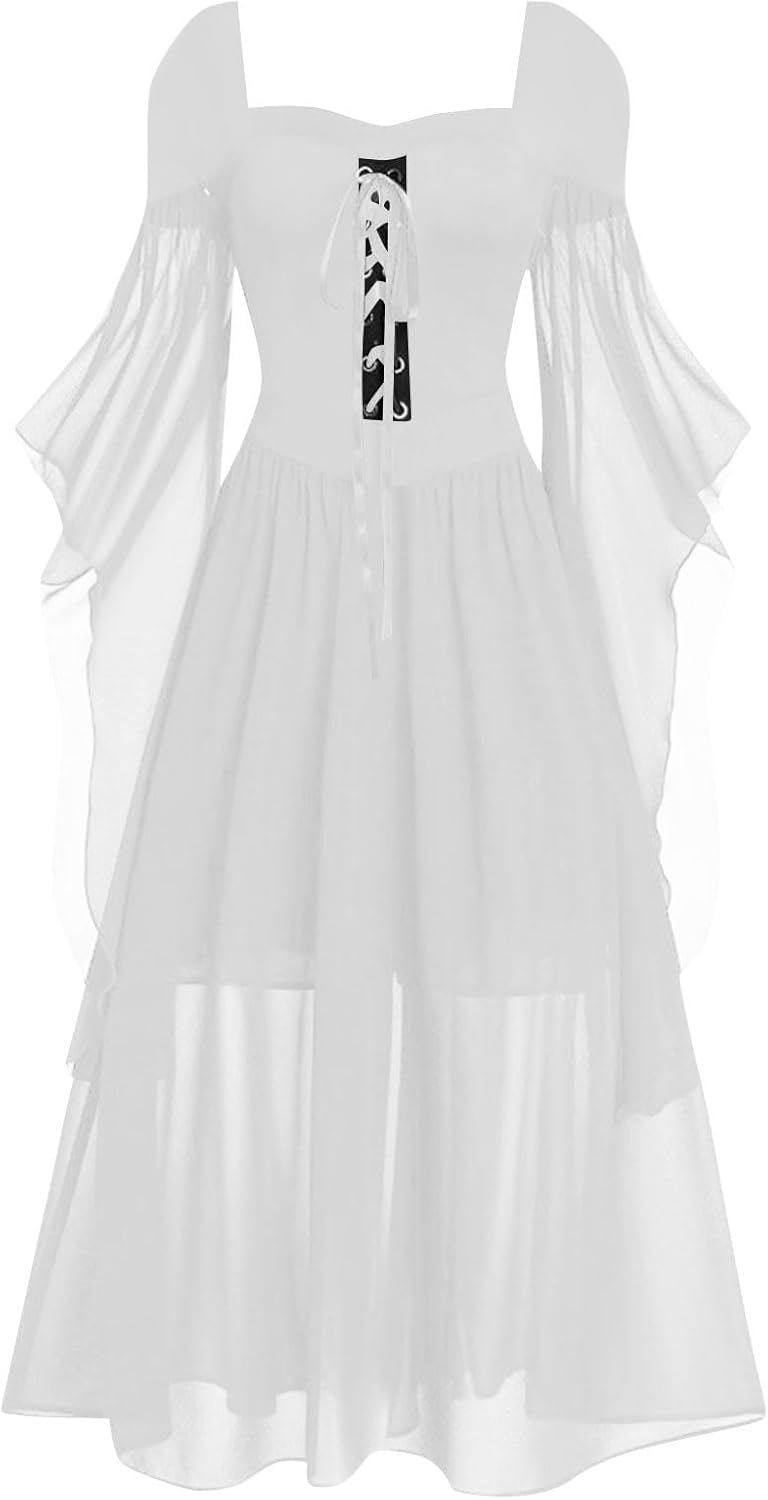 Women Casual Cold Shoulder Dress Solid Color Lace Butterfly Sleeve Halloween Retro Cocktail Party Gothic Prom Dress