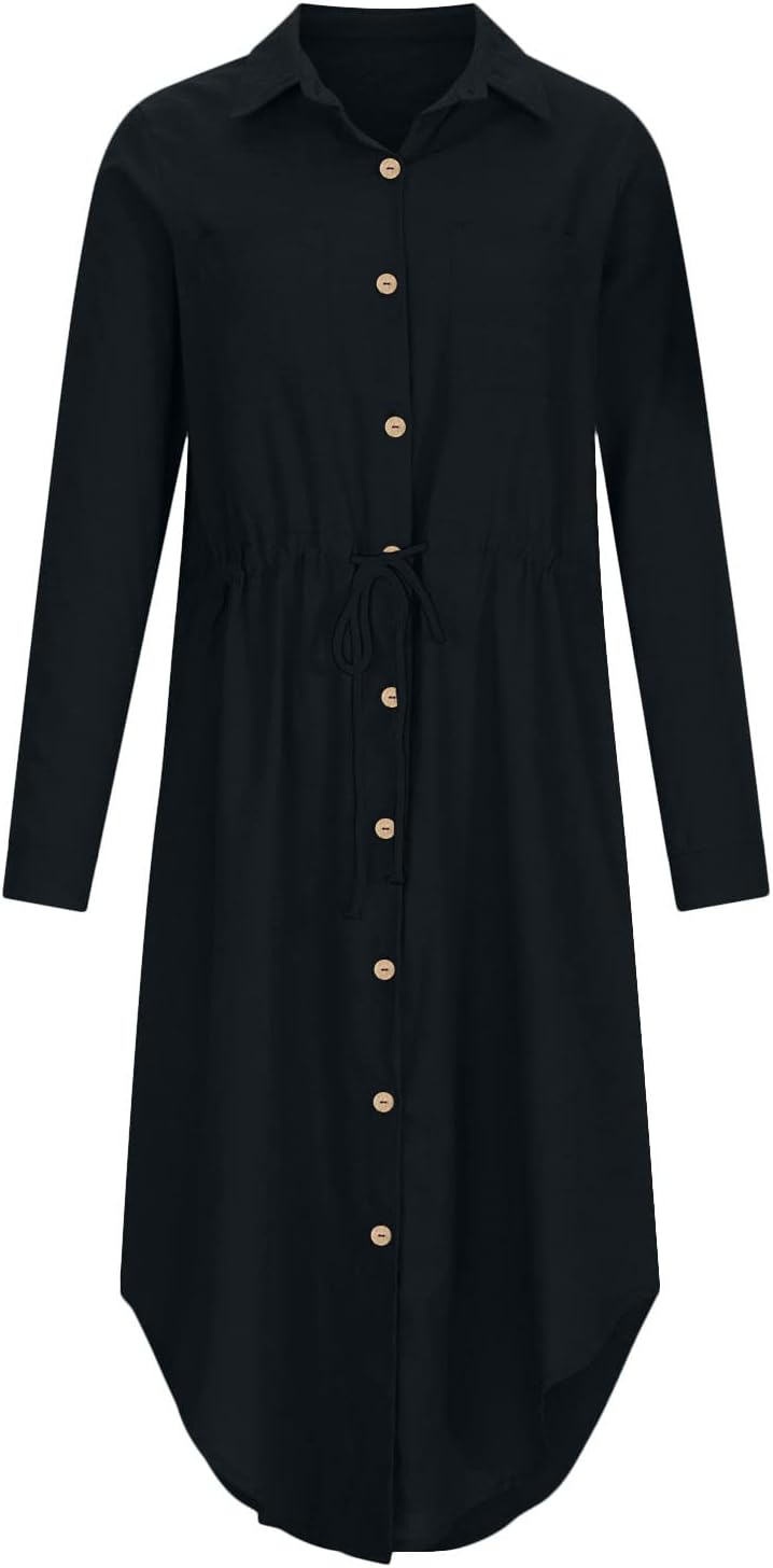 Women's Maxi Shirt Dresses Solid Cotton Linen Button Lapel Long Sleeves Summer Irregular Hem Daily Casual Sundress