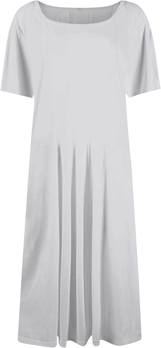 Summer Dresses for Women 2025 Crew Neck Short Sleeve Boho Beach Vacation Floral/Solid Midi Sundresses with Pockets