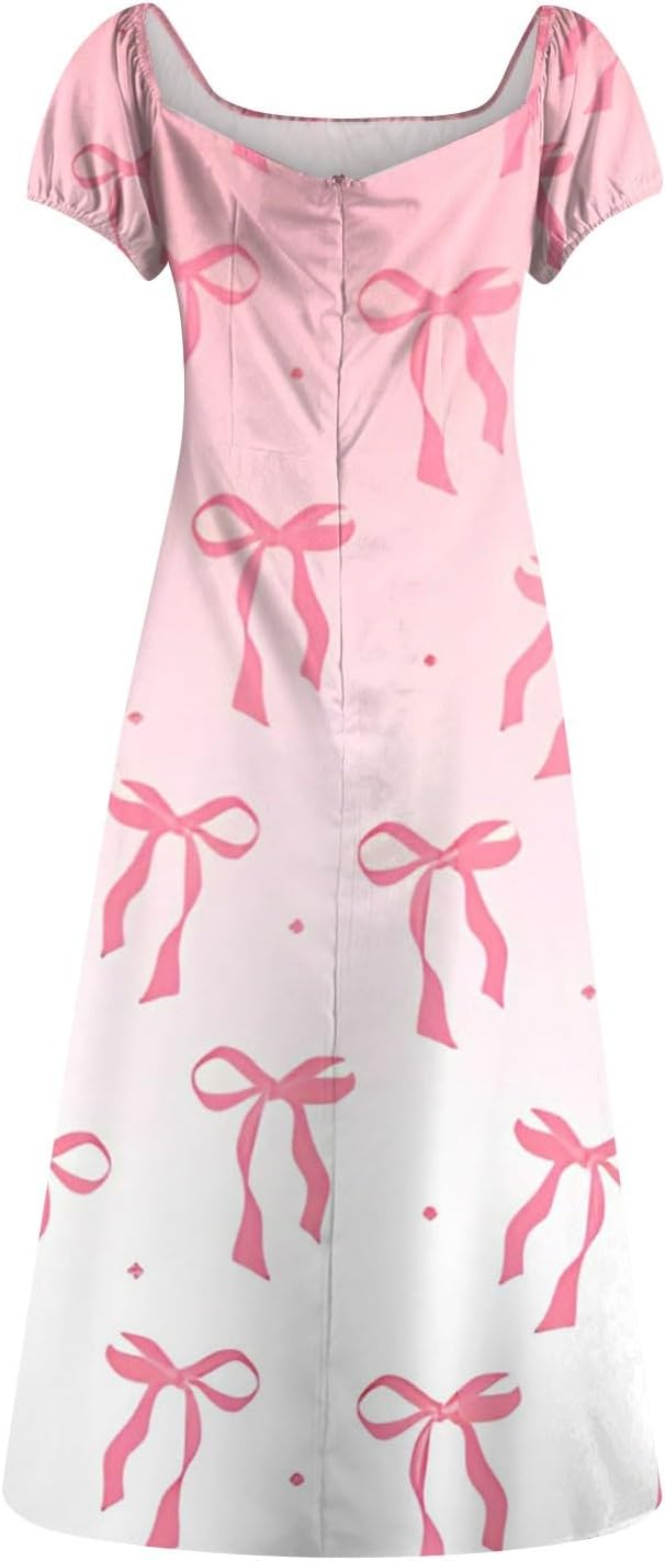 Women's Sundresses 2025 Summer Casual Loose Trendy Bubble Sleeve Square Neck Split Bow Floral Print Dress Plus Size, XS-3XL