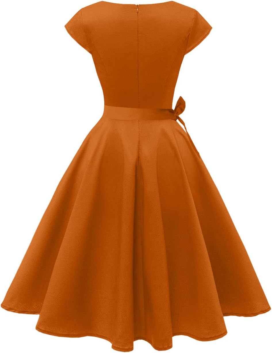 PUKAVT Women's 1950 Boatneck Cap Sleeve Vintage Swing Cocktail Party Dress with Pockets