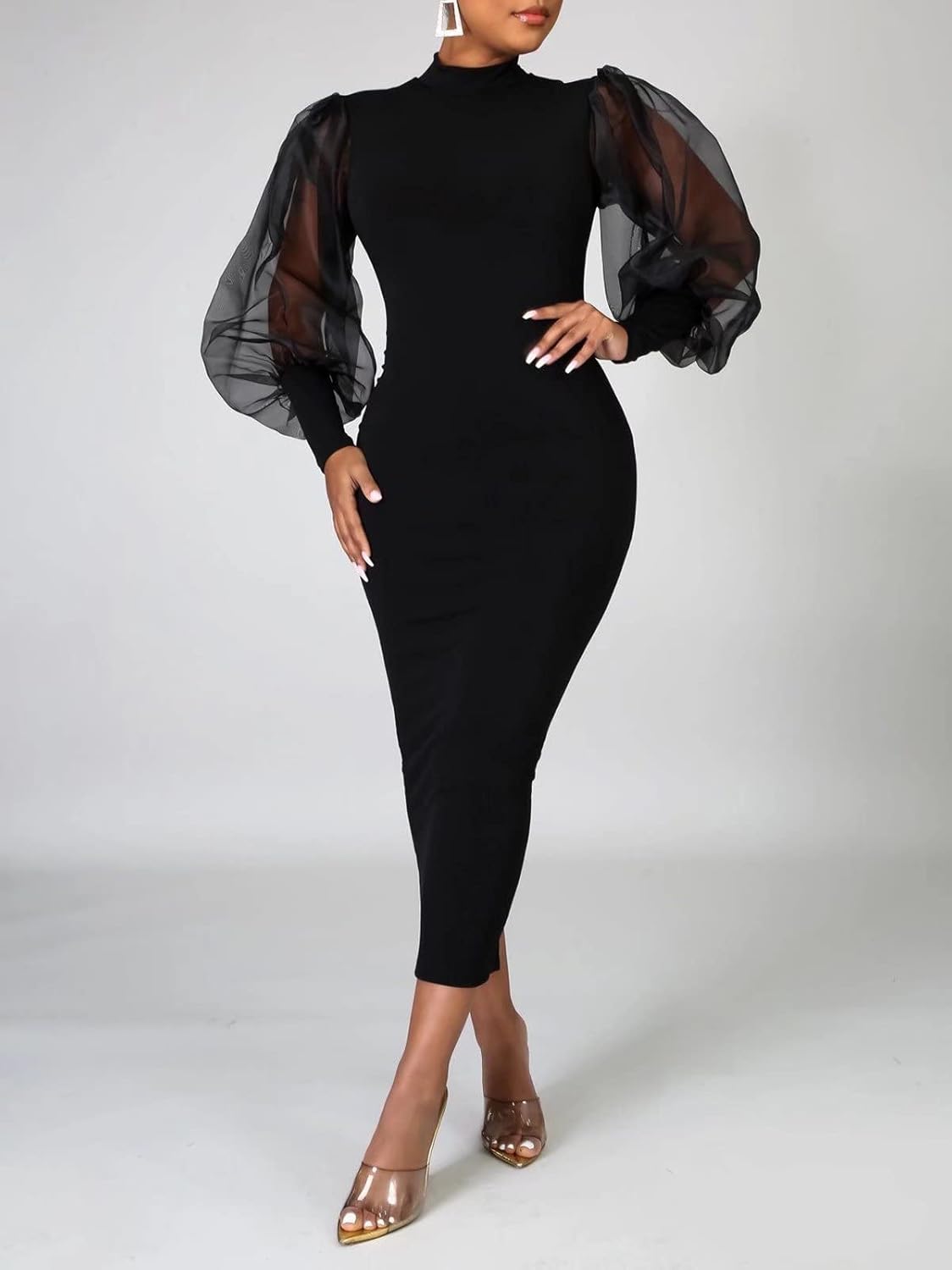 Ekaliy Women's See Through Bodycon Dress Sheer Mesh Long Puff Lantern Sleeve Dress Sexy Club Party Midi Dress Clubwear
