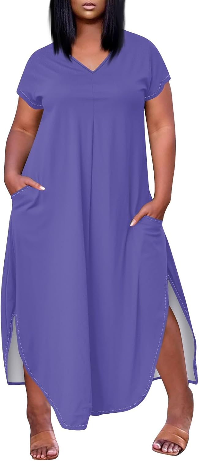 Maxi Dresses for Women 2025 Plus Size Tie Dye V Neck Dress Short Sleeve Side Split Beach Summer Sundress with Pocket